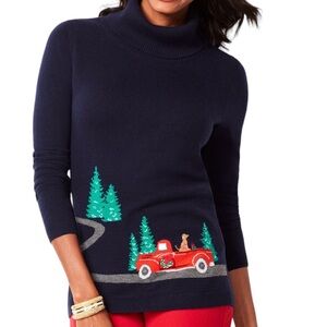 NWT Talbots Christmas Sweater Blue Red Turtleneck Button Wool Blend Petite S